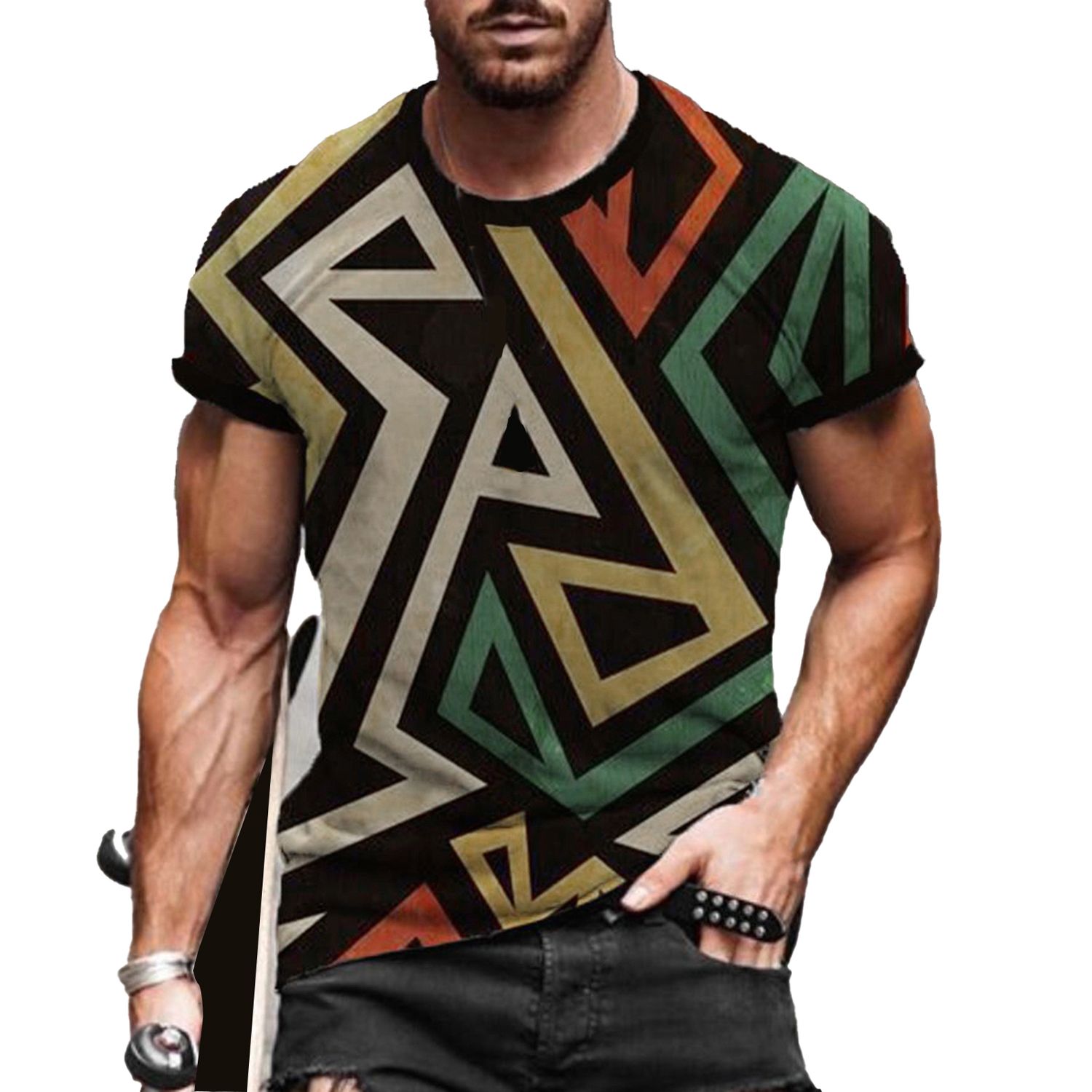Summer T-shirt 3D Print Breathable Men Round Neck Short Sleeve Top for Dating