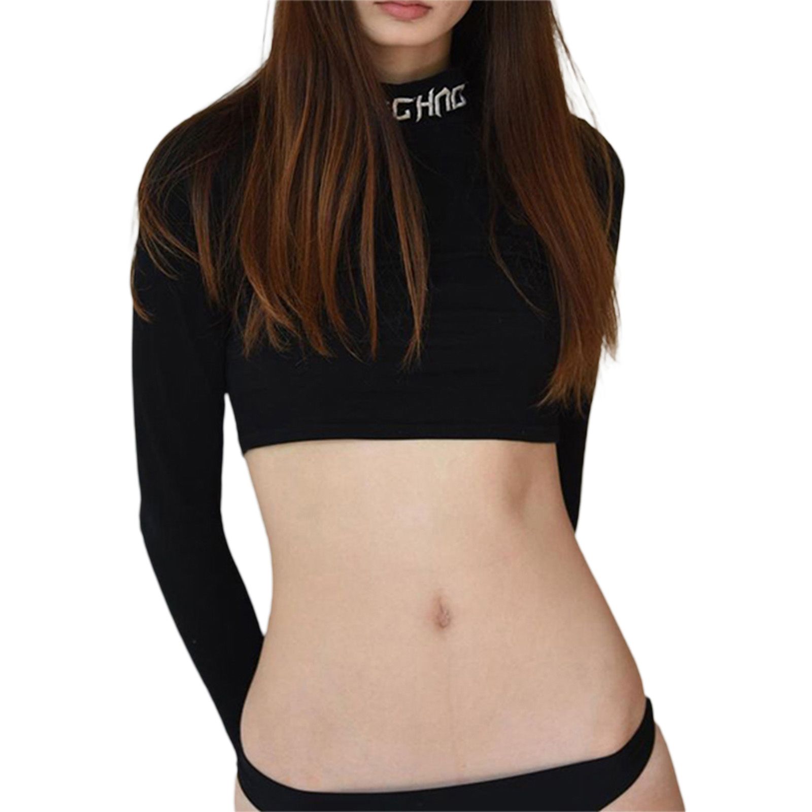 Ladies Casual Long Sleeve T-shirt, Girls Autumn Creative Letter Embroidery Half High Collar Midriff-baring Tops Slim Base Shirt