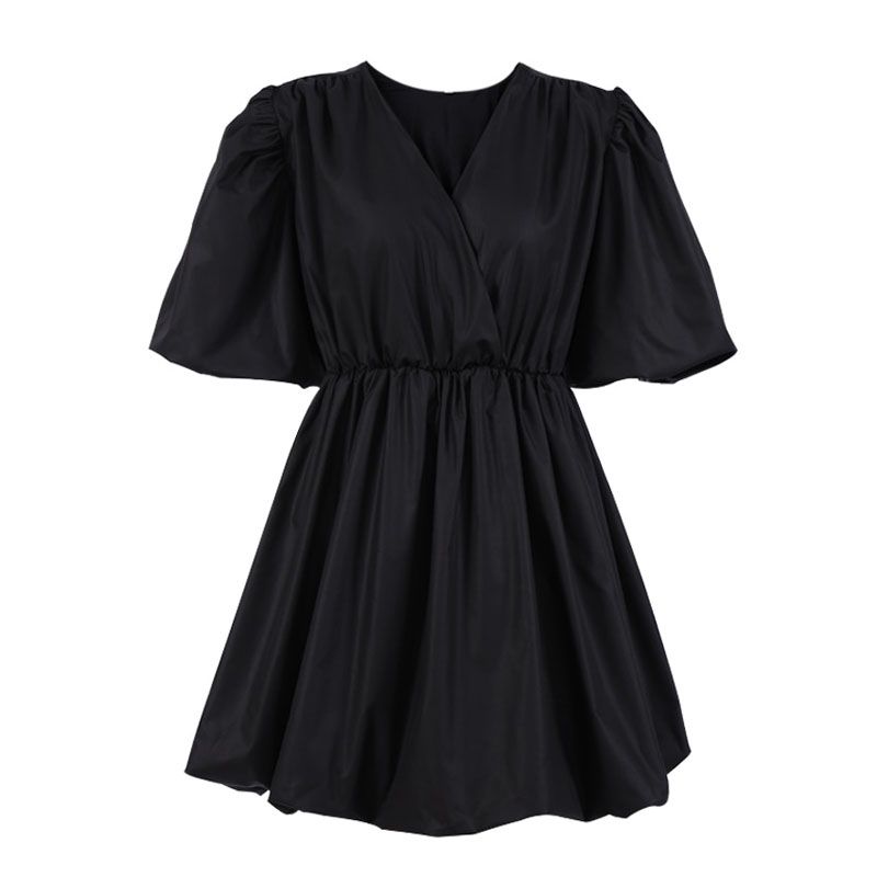OOTN 2021 Fashion Casual Short Dresses Women Lantern Sleeve V-Neck  Black Dress Summer Elegant Pleated A-Line Dress Ladies
