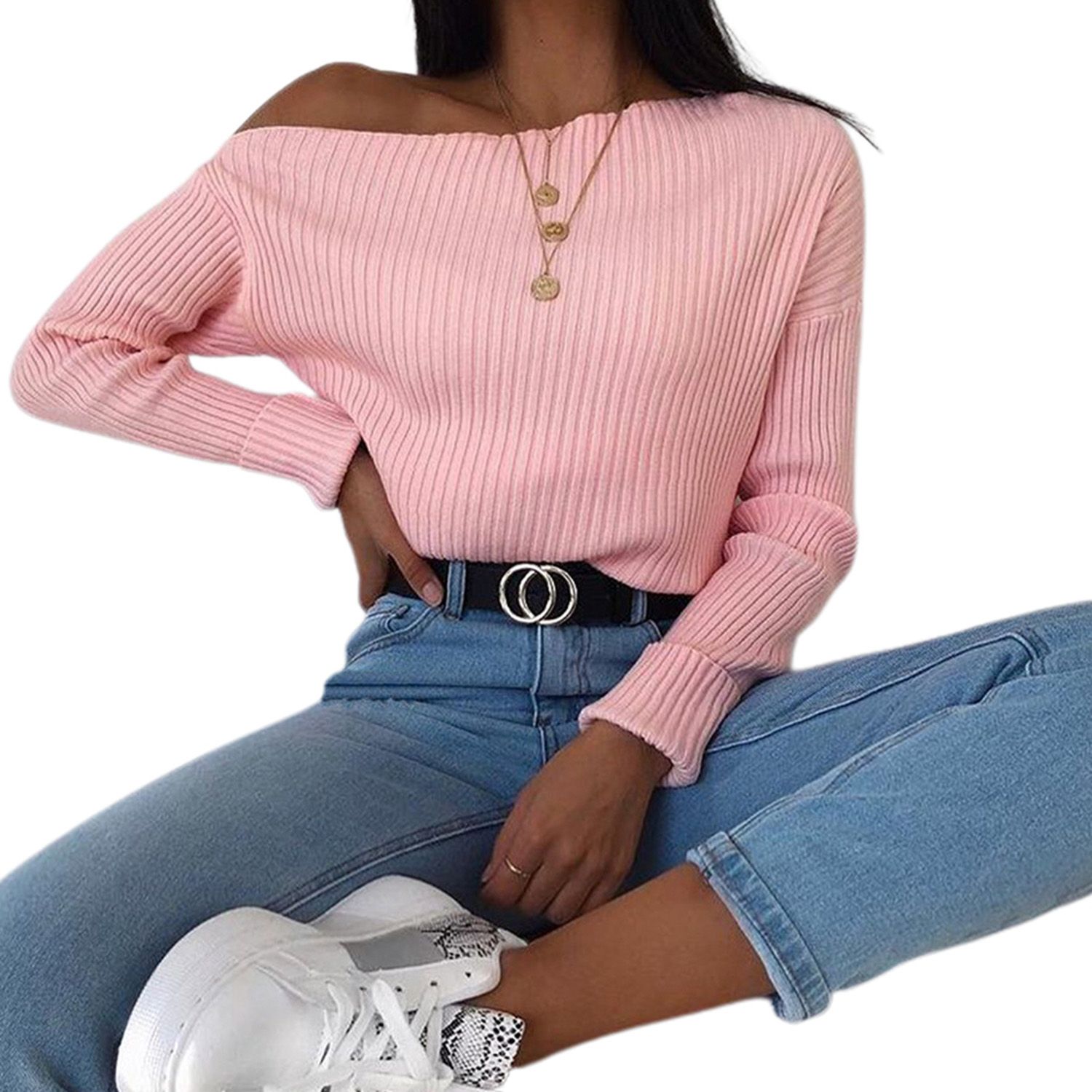 Women Sexy Solid Color Pullover, Adults Irregular Long Sleeve Skew Collar Cold Shoulder Blouse