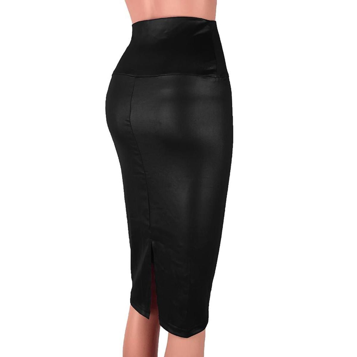 Bullker Fashion Women High Waist Split  Leather Knee Length Bodycon Pencil Skirt