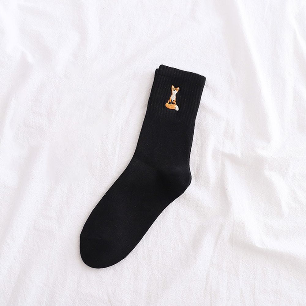 Embroidery Pattern Women Cotton Socks Funny Cute Fox Top Design Solid Color Black White Casual Crew Style Spring Autumn Winter