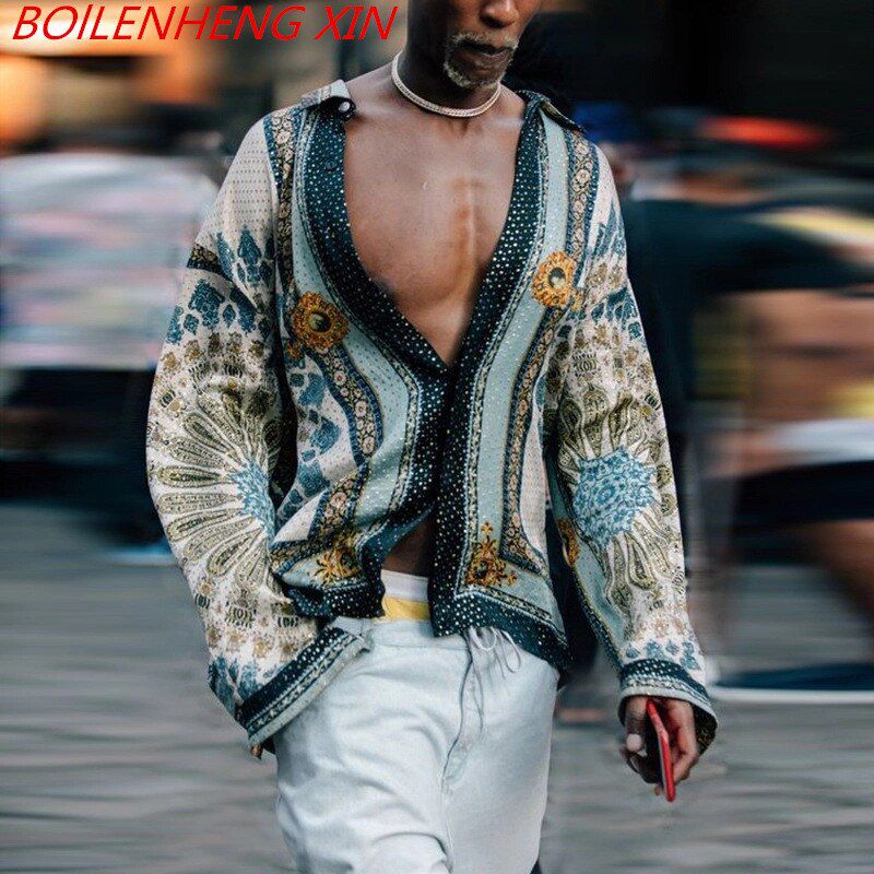 Summer New Men's Clothing Europe America Loose Casual Trend Printing Long Sleeve Shirt Cardigan Shirts Ethnic Style Men
