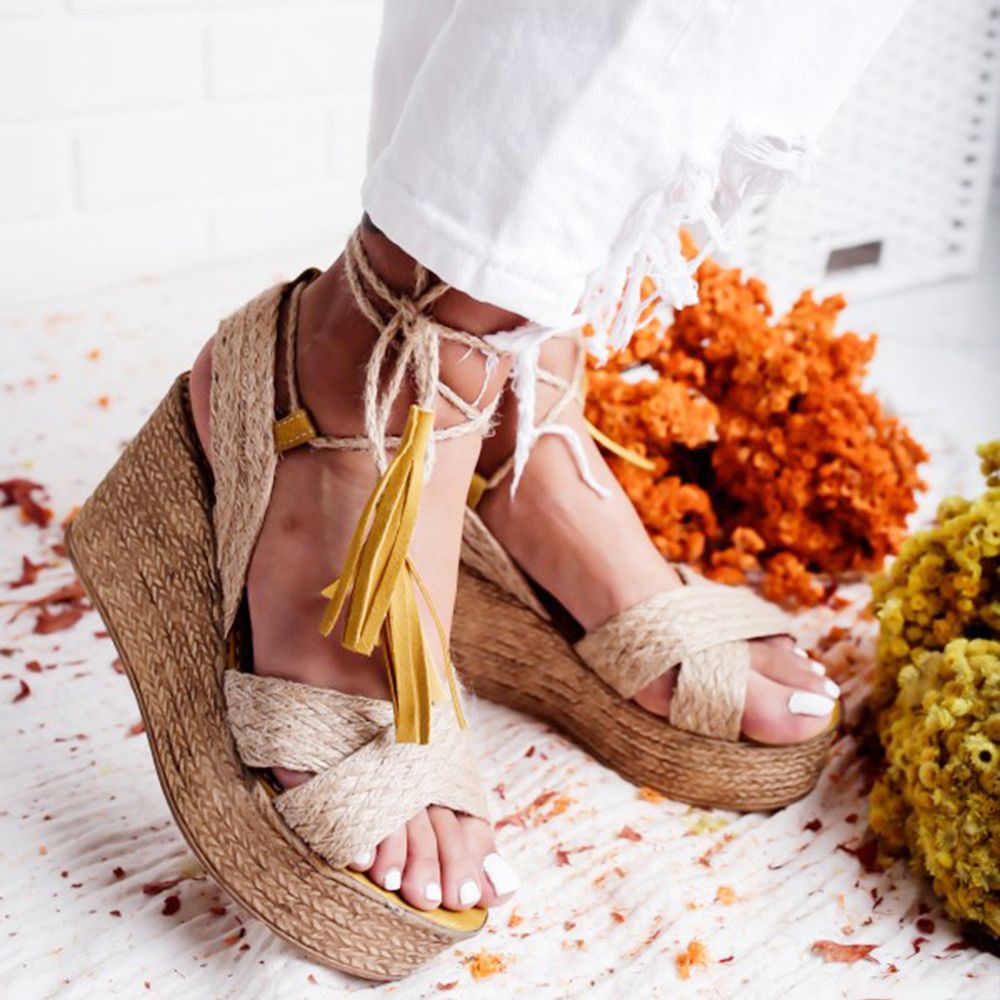 Shoes For Women New Casual Shoes ClearanceWomen's Shoes Women Ladies Fashion Casual Big Size Tassel Lace Up Wedges Sandals Roman Shoes