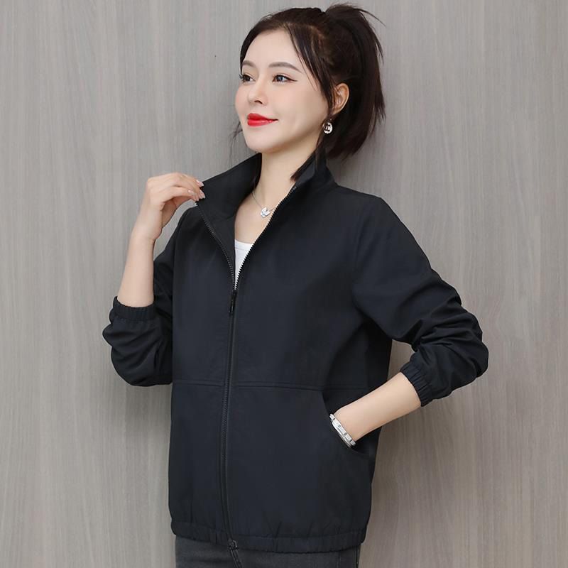 Women's Short Jacket Spring Autumn New Pure Color Casual Windbreaker Stand Collar Tooling Jacket Coat Tops With Lining 15