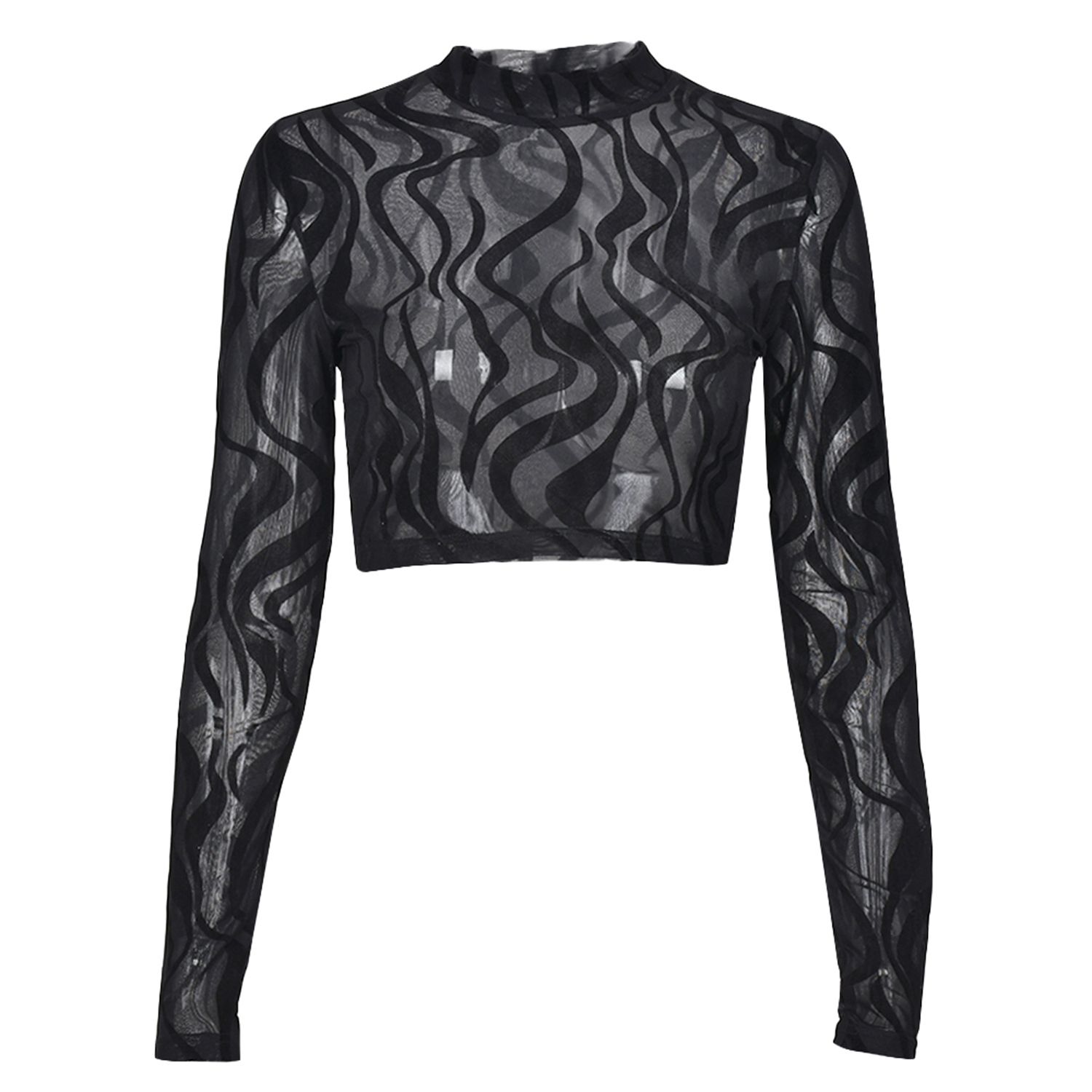 Women's Short Tops, Long-sleeved Round Neck Design, Mesh See Through Cropped Tops