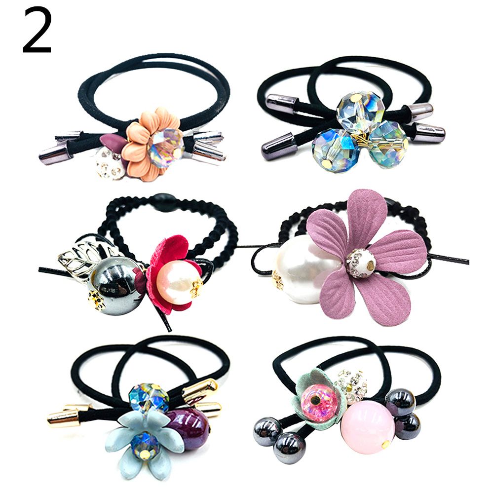 【BestGO】6Pcs/Set Women Faux Pearl Flower Hair Rope Ponytail Holder Hairband Headwear