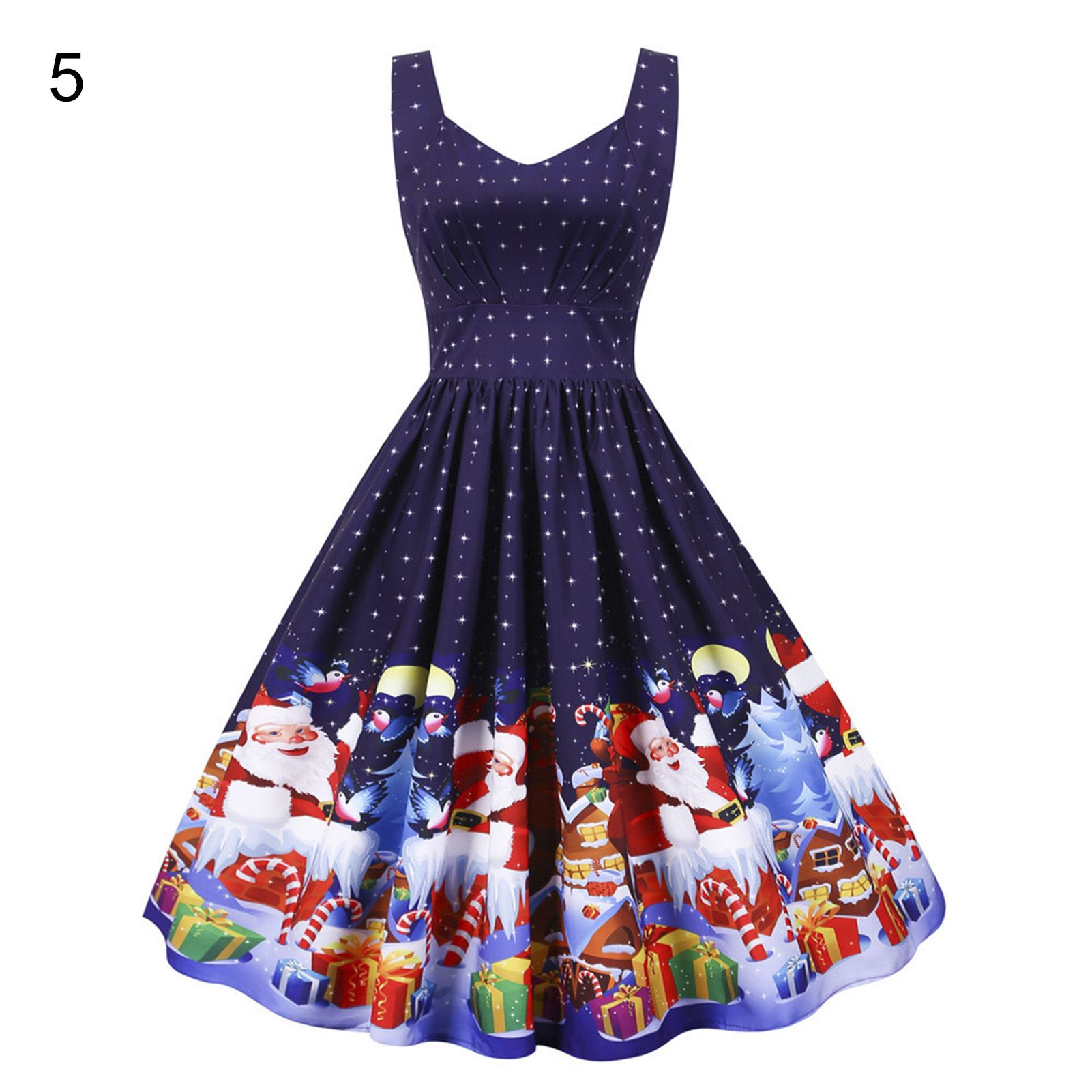 Festival Dress Pleated Snowflake Elk Gift Print Midi Xmas Dress