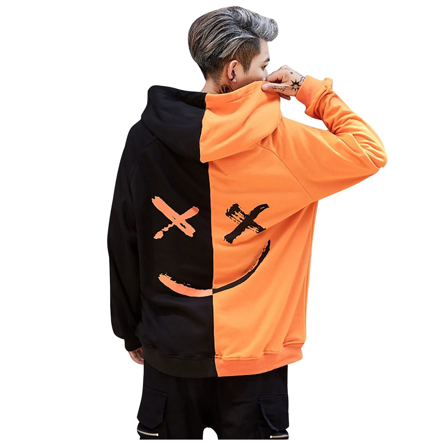 Men  Hop Hoodies Spring Autumn Hooded Tops Loose Casual Color Blocking Long Sleeve Srts Sweatshirt High Street