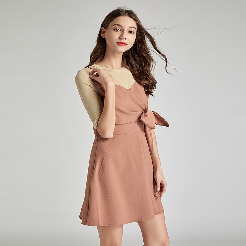 Fashion Stitching Bow Short-sleeved Lace-up Slim Slimming Fake Two-piece Dress