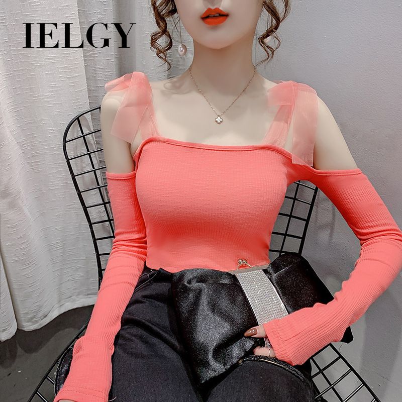 IELGY Korean style strapless bow tie lace slimming long-sleeved T-shirt women