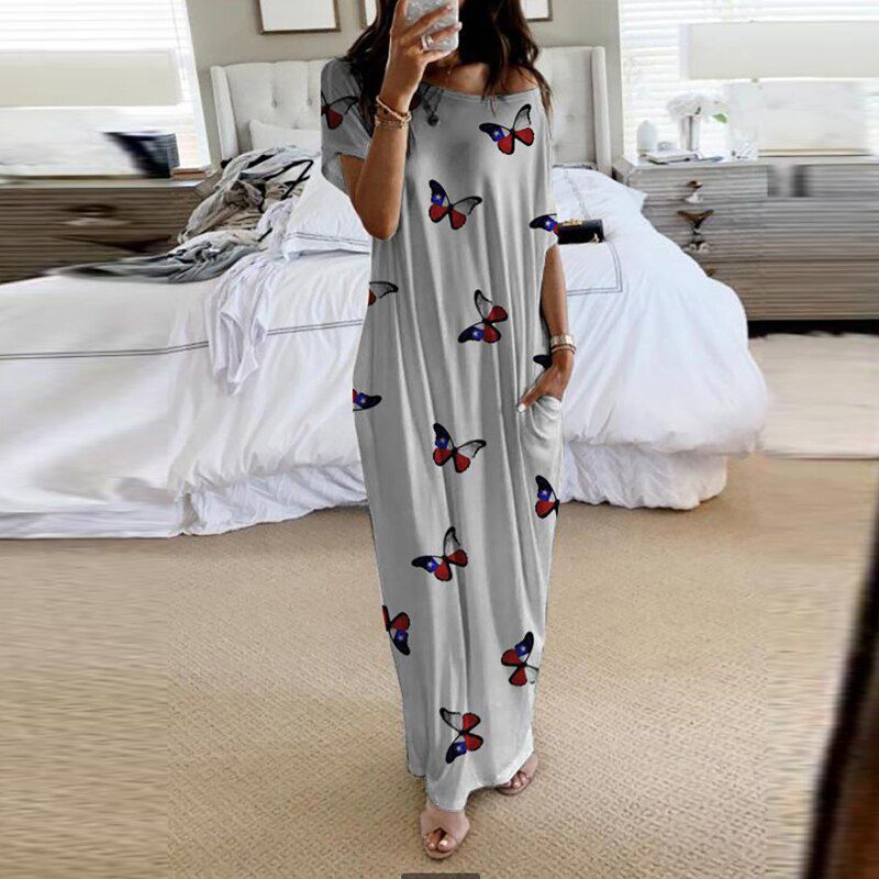 2020 New Women Dresses Loose Off Shoulder Short Sleeve Long Dress Moon Star Printing Elegant Female Spring Summer Dress Vestidos