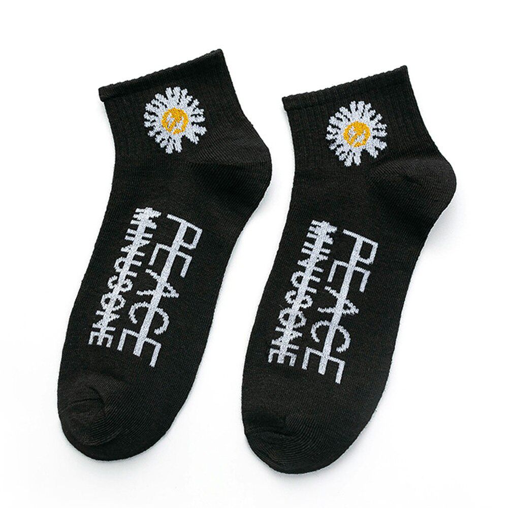 Women Men Black Daisy Smile Socks Long Tube Middle Tube Couple Daily Summer Ulzzang Socks Cotton Breathable Ankle Socks