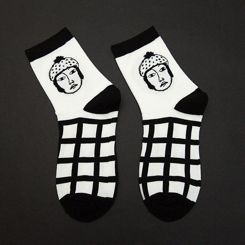 cartoon socks funny black white striped calcetines woman skarpetki damskie harajuku mujer divertido kobieta skarpety women sock