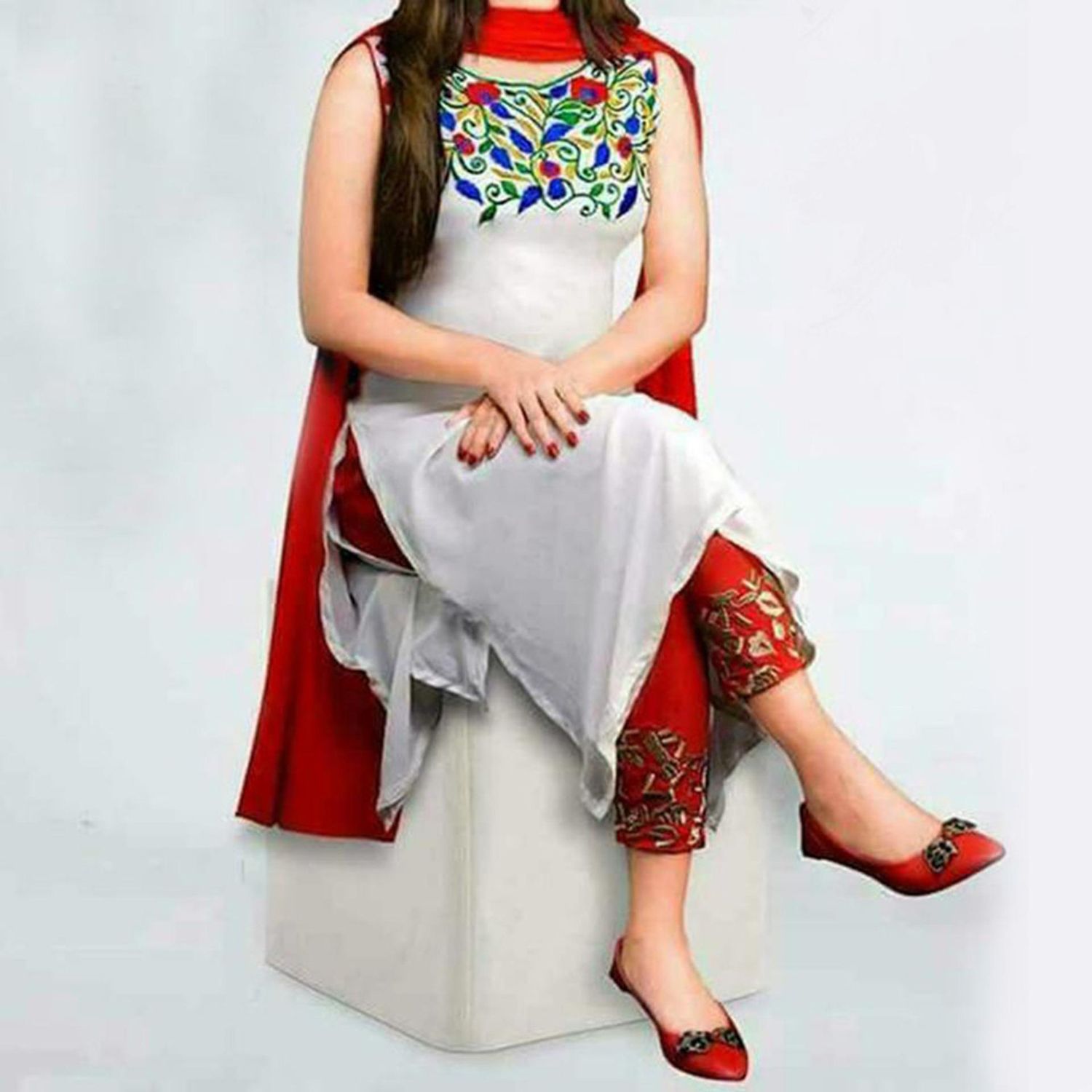 Fashionable Unstitched White and Red Georgette Salwar Kameez For Women