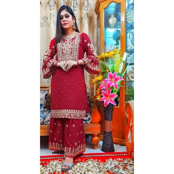 Red Full stitched Georgette Embroidery Work Exclusive Designer Sharara Suit Party Wear Suits for Women