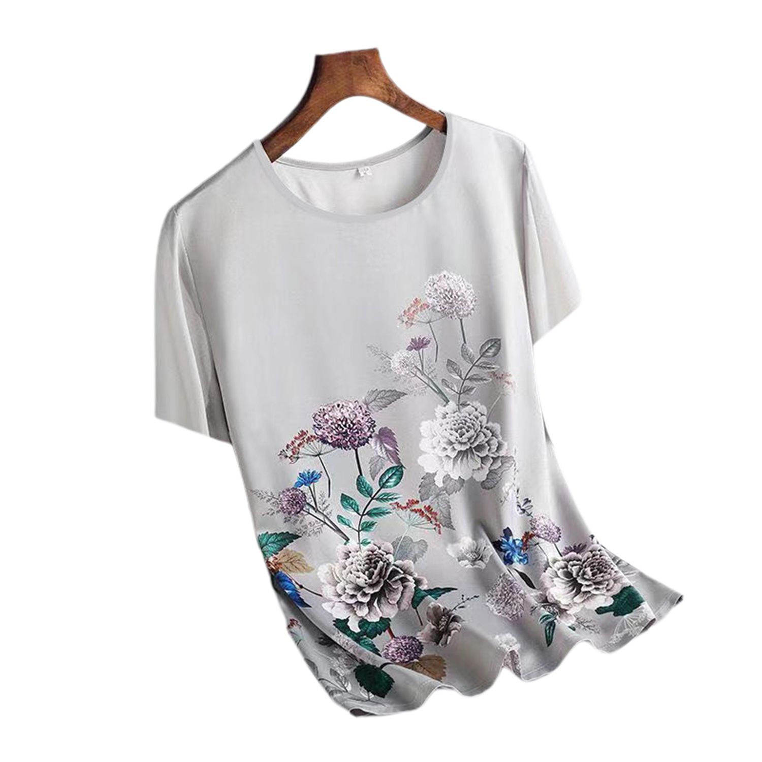 Women Blouse Flower Pattern Loose-fitting Crew Neck Blouse