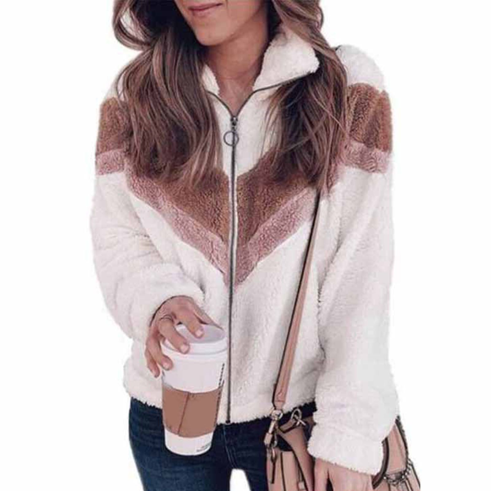 Winter Coat Turtleneck Side Pockets Color Block Fluffy Jacket