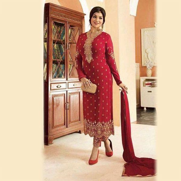 Maroon Georgette Embroidery Work Unstitched Shalwar Kameez for Women