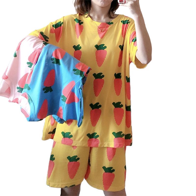 Woman Summer Sleeping Wear Suits of Shirt and Shorts Loose e Clothing with Cartoon Pattern Printed