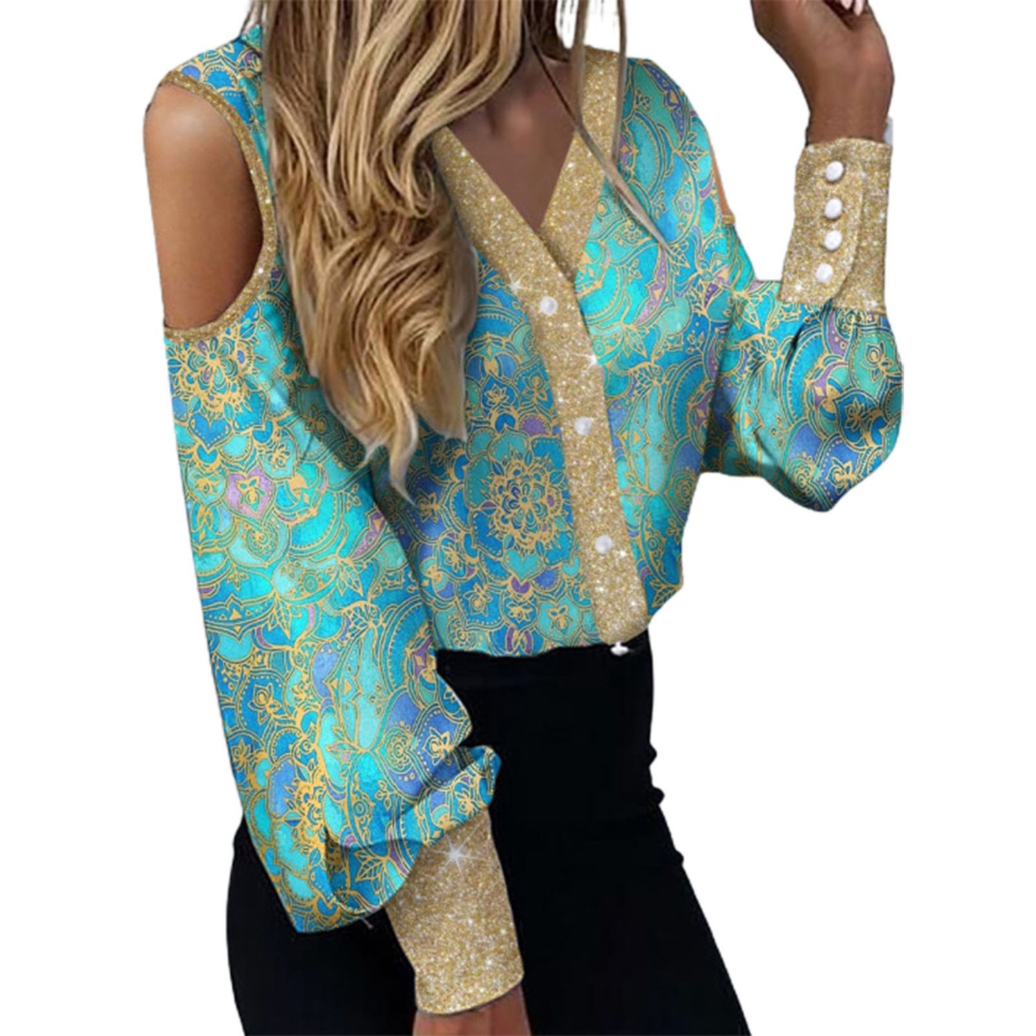 Casual Shirt V-Neck Solid Color Glitter Edge Fashion Shirt