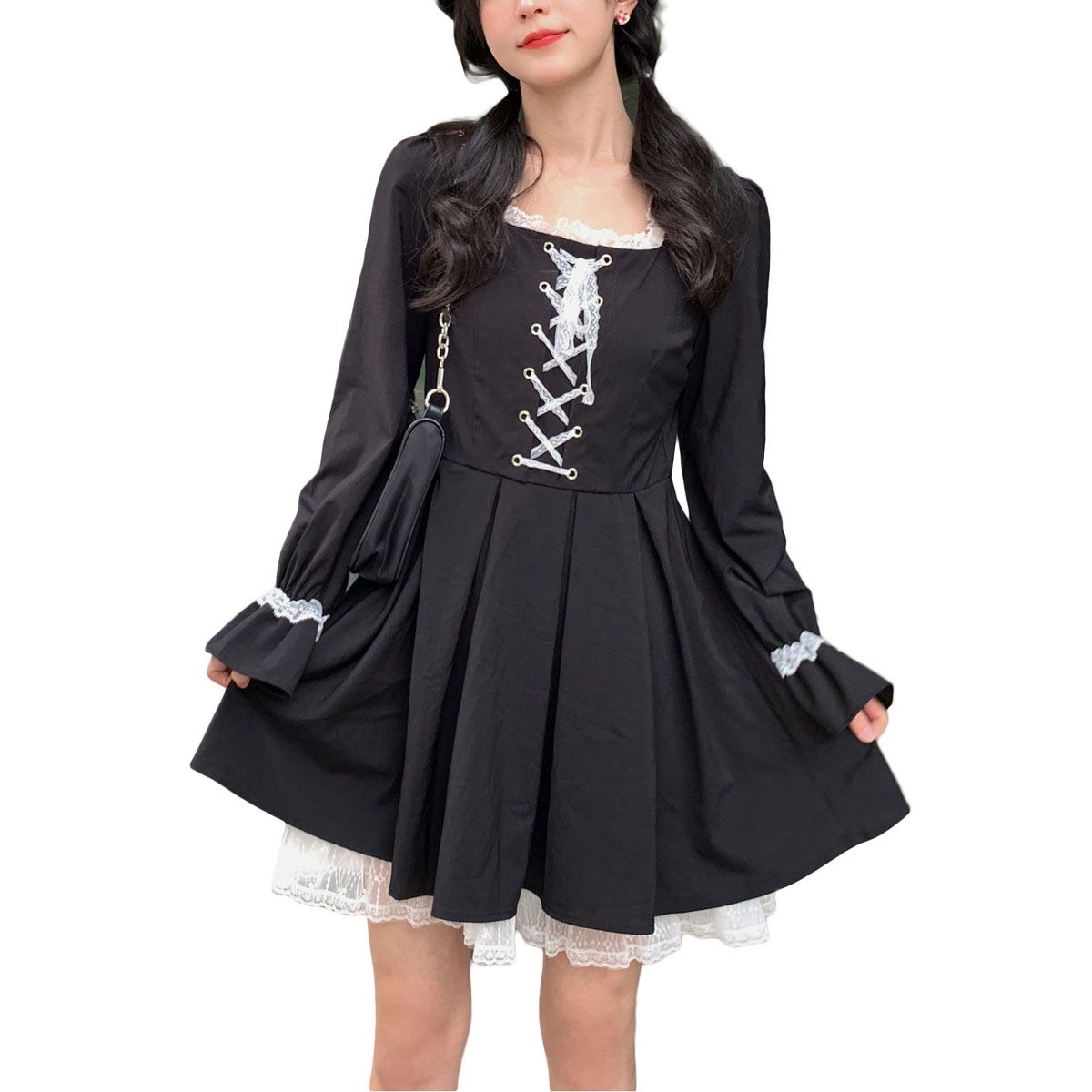 Women French Style One Piece Dress, Elastic Cuff Long Sleeve Chest Cross Strap Multi Layer Dress, Women Clothing