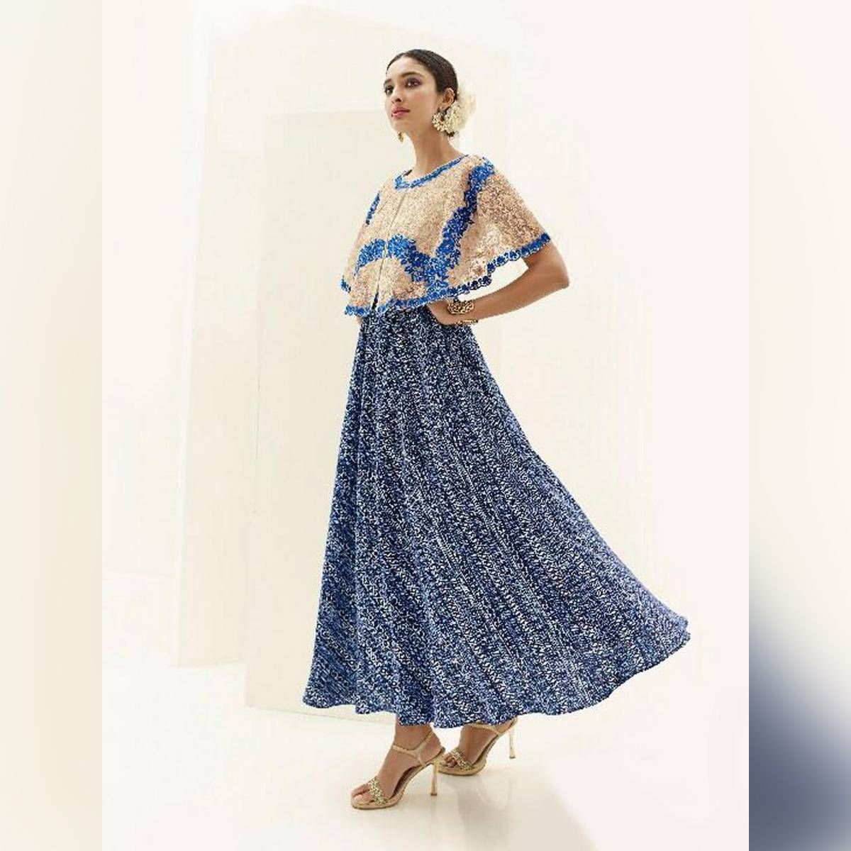 Blue and Gray Georgette Designer Dress for Women - XL
