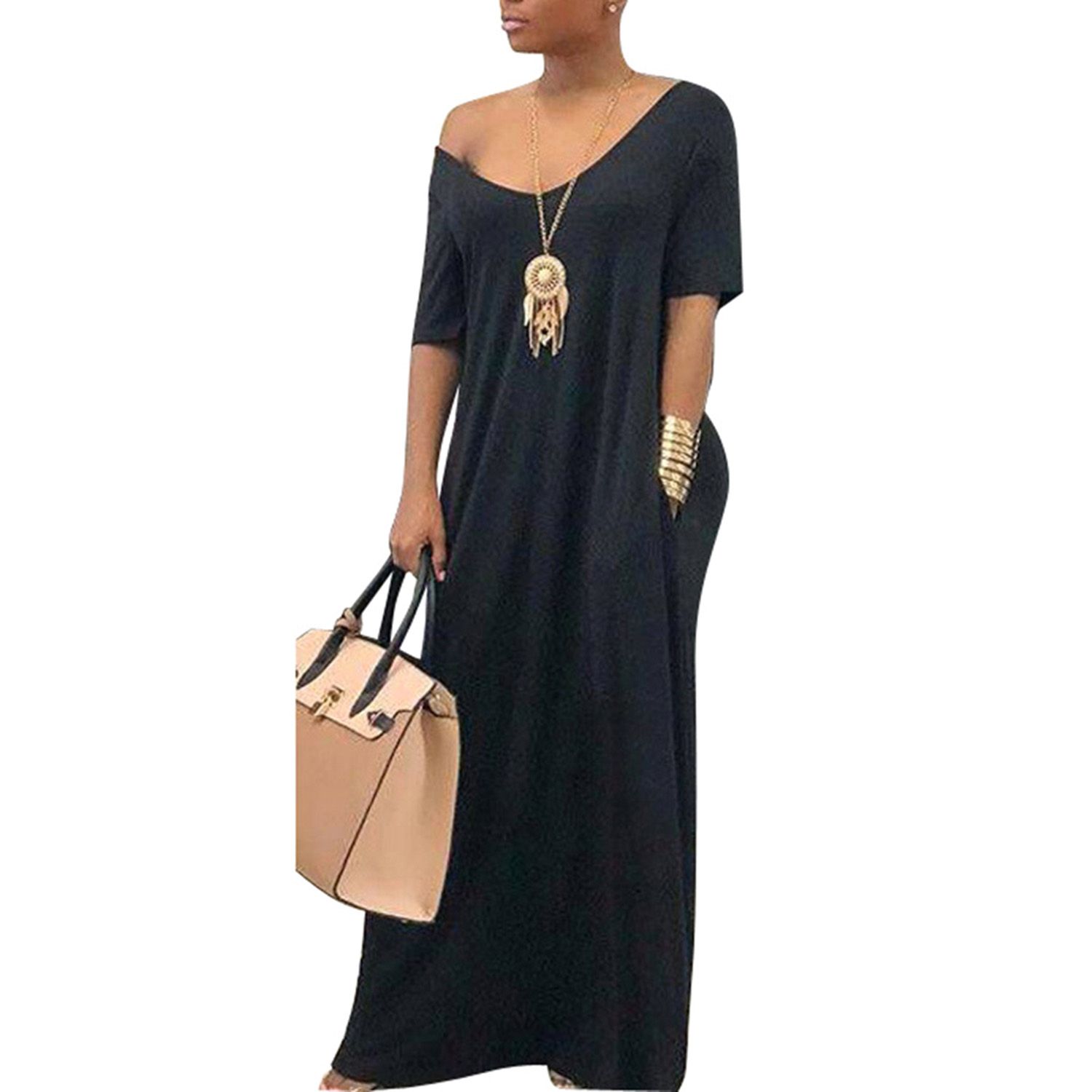 2021 Women’s Summer Dress, Solid-Color Large V-Neck Short-Sleeves Casual Ankle Skirt for Ladies, 7 Colo