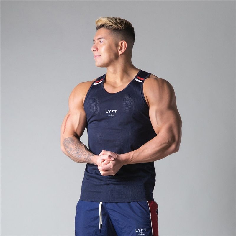 Mens Fitness Gym Mesh Breathable Striped TaTops Men Sleeveless Shirt MaleSrts Vest Undershirt Gym Running Vest Men