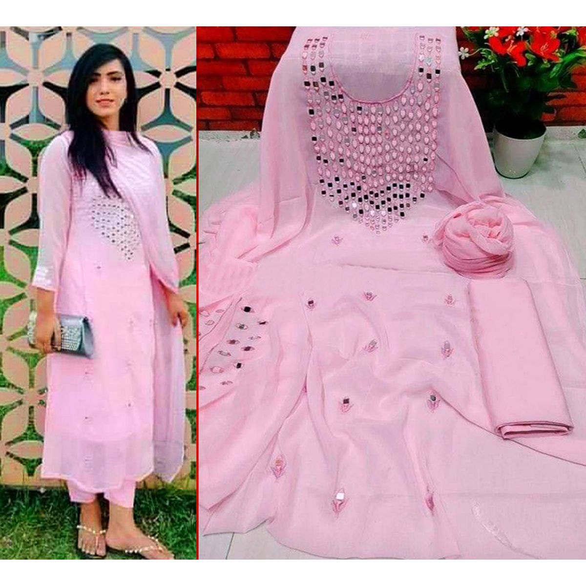 Pink Color Weightless Georgette Glass Work Salwar Kameez For Women 3 Piece
