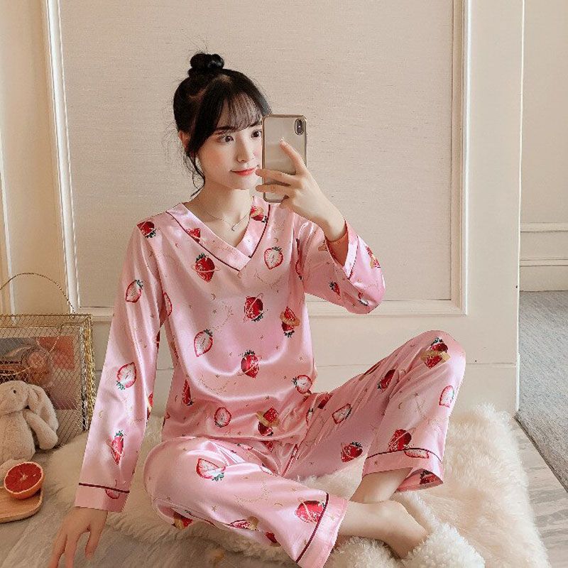 Silk Pajamas  Autumn V-neck Long-sleeved Cartoon Sleepwear Satin Silk Underwear Strawberry Pajamas 2-piece Pajamas for Women