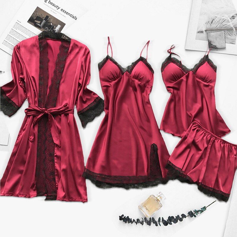 5pcs Silk Robe Set Women Lace Pajamas Gown Set V-Neck Nighties Wear Home Nightwear Pijama Sleepsuit Spring Nightdress