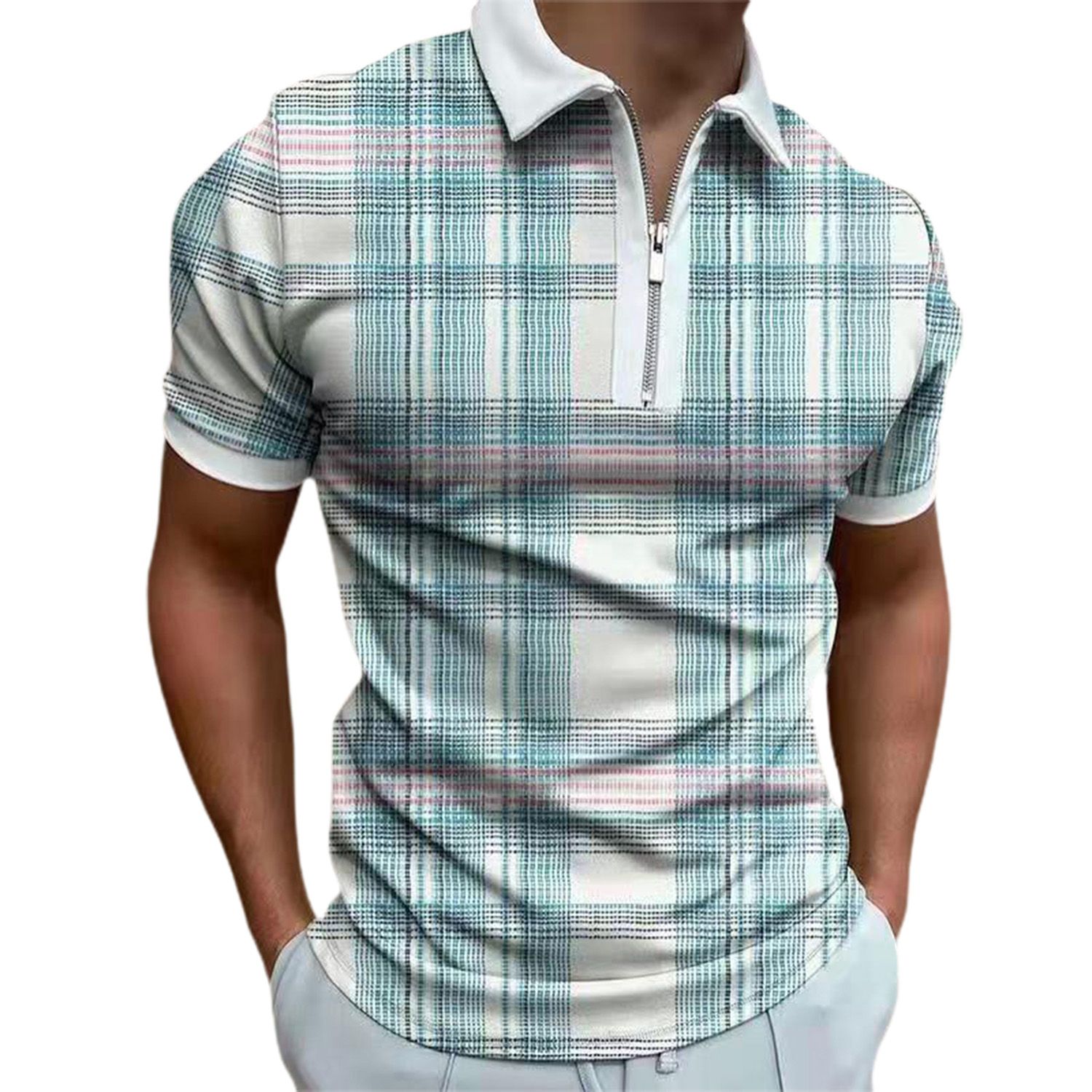 Turn-down Collar Men T-shirt Lattice Print Thin Zipper Short Sleeve Summer Shirt Top