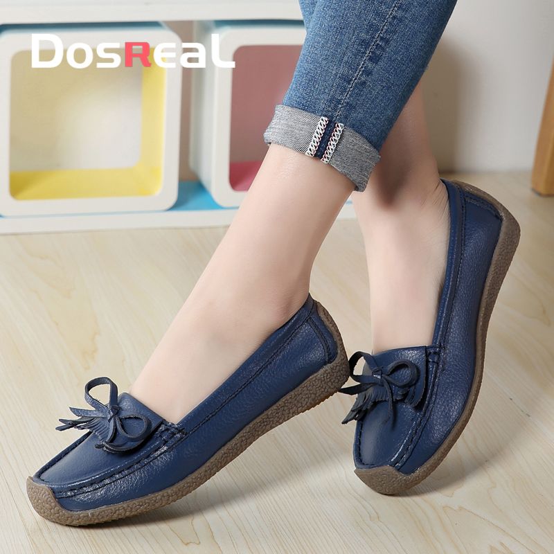 Summer Shoes For Women Leather Slip On Bow-Knot Women Flats Shoes Breathable Fashion Classic Topsider Shoes Ladies Black Shoes Big Size 35-41