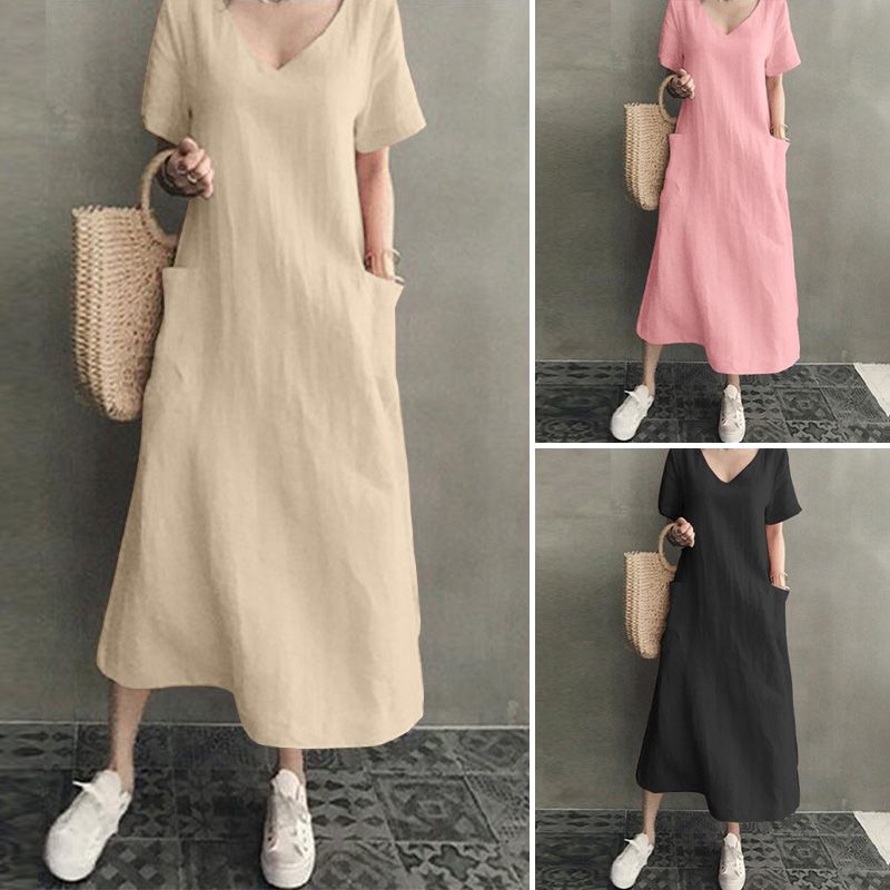 Women V Neck Short Sleeve T-Shirt Dress Cotton Ethnic Long Shirt Dress ZANZEA