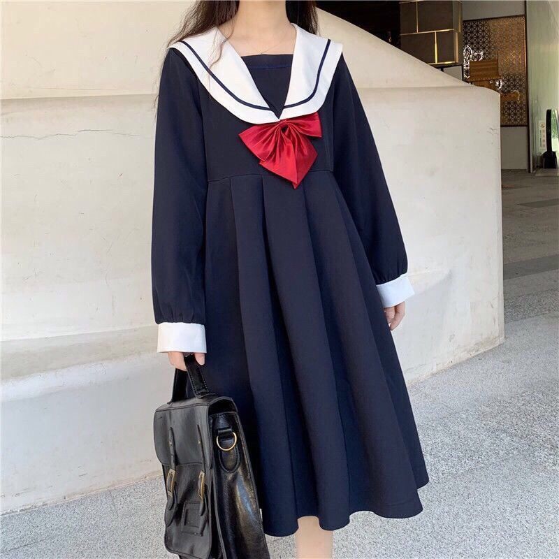 A-line Dress Women Sweet Kawaii Japanese Style College Autumn New Sailor Collar Patchwork Bow Fashion Leisure Loose Popular Chic