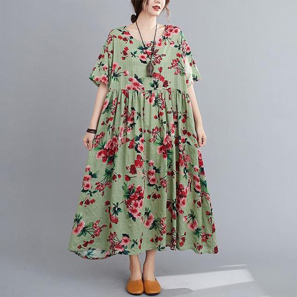 Oversized Floral Summer Beach Dress Korean Cotton Ladies Dresses for Women New Vogue Vintage Print Oversize Long Dress 2021