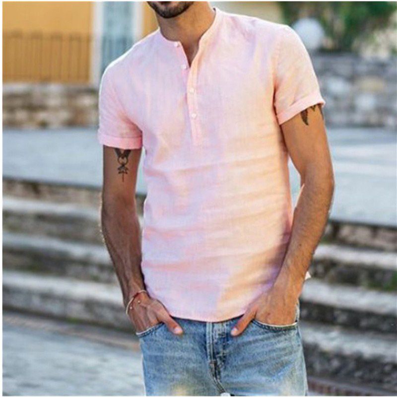 UK Men's Linen Short Sleeve Summer Solid Shirts Casual Loose Tops