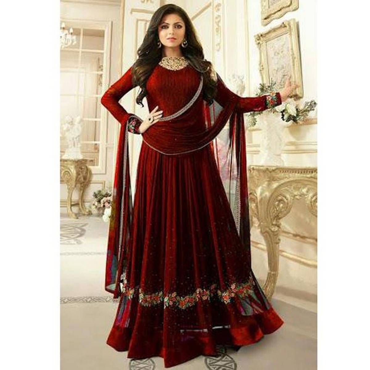 Maroon  Georgette  Un-stitched  Gown  for  Women