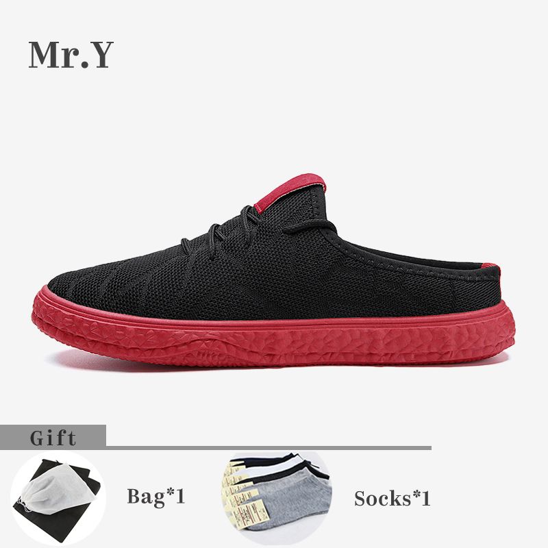 2021 Fashion Men Mesh Shoes Casual Half Loafers Slip on Flat Shoes for Men Kasut Lelaki (Red,Black,White)