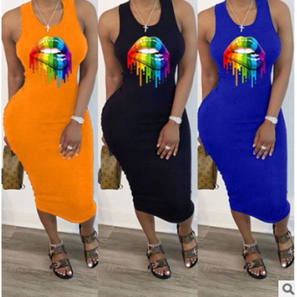 Women Fashion Sleeveless Dress Summer  Back Split Printed Knee Length Dress Female Casual Streetwear
