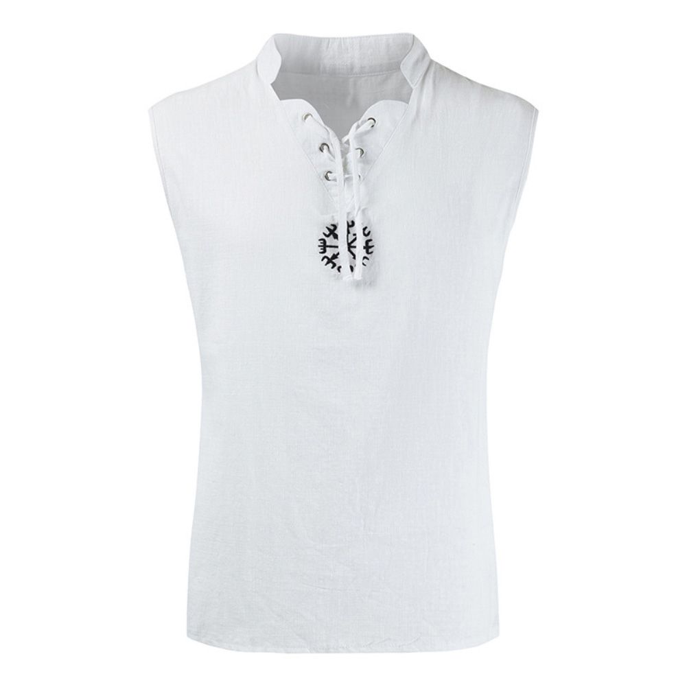 Men Stylish Summer Sleeveless Stand Collar Bandage Embroidery Shirt T-shirt Top