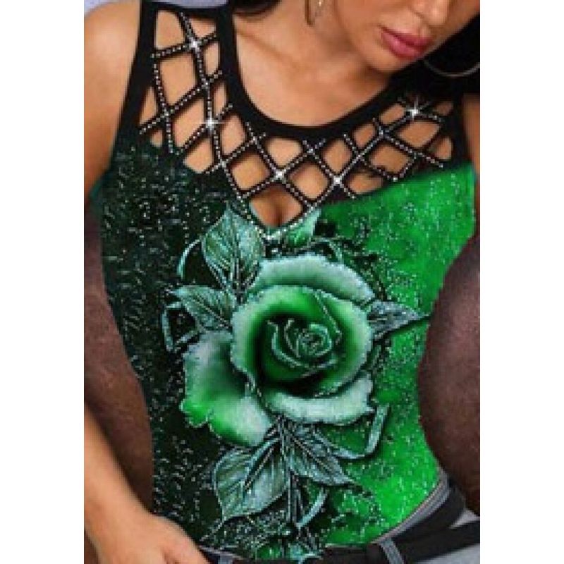 Summer Casual T Shirt Women Floral Multicolor Rose Print Sleeveless Floral Print Hollow Out Summer Tank Top Vest