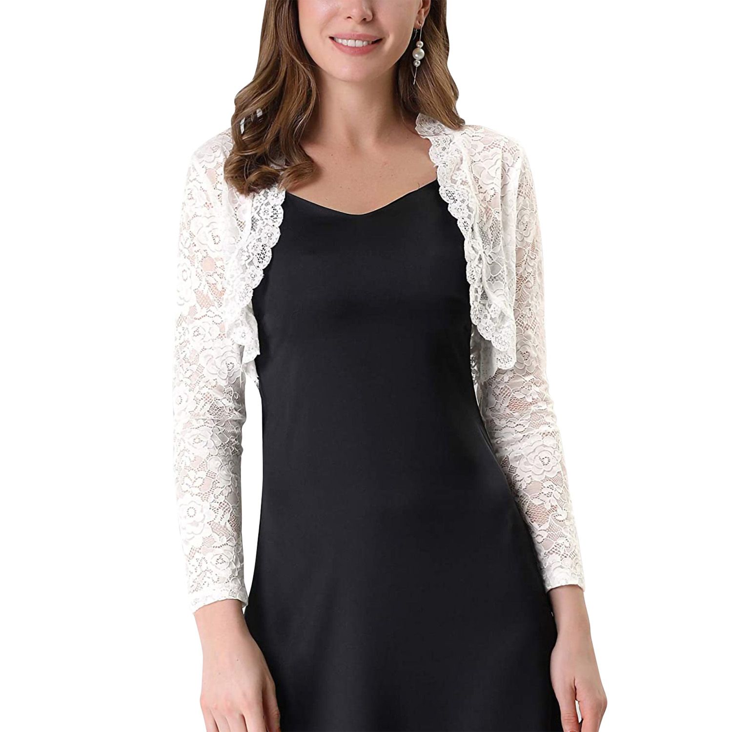 Women Floral Lace Cardigan, Adults See-through Scalloped Long Sleeve Crop Tops (Black, White, Red)