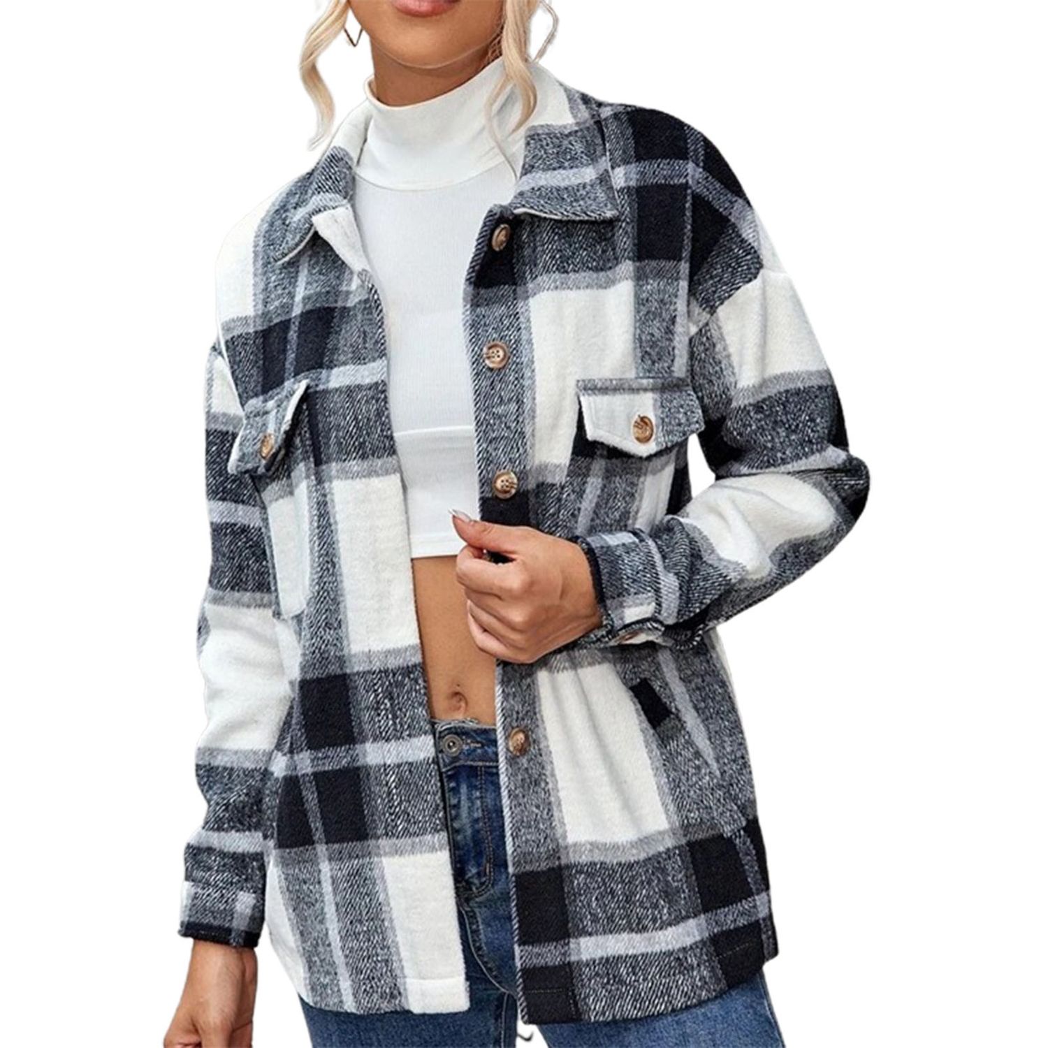 Shirt Jacket Side Pockets Plaid Print Buttons Casual Coat