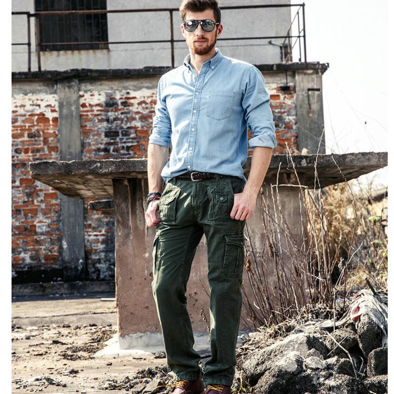 New Arivals Multi-Pockets Solid Mens Cargo Pants Military Loose Long Trousers 29-40 JPCK11