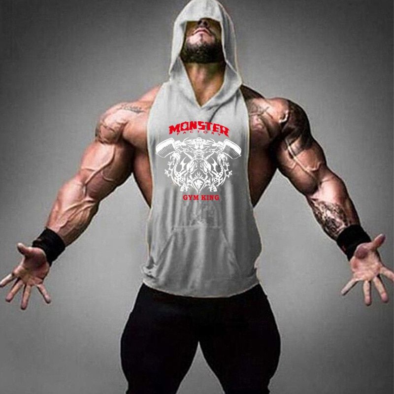 Wolf Print Men Fitness Hooded Tanktop Gym Sleeveless Bodybuilding Tee Shirt Fashion Stringer Male Workout Hooded Vest Srtswear