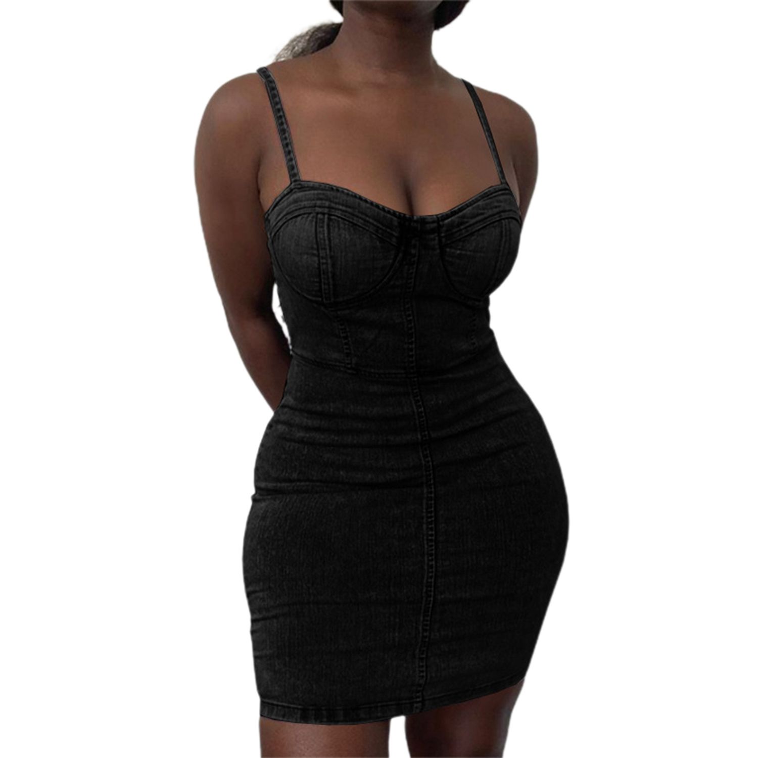 Female Solid Color Dress, Suspender Sleeveless High Waist Tight Short A-line Skirts, Black/ Grey/ Blue/ Navy Blue