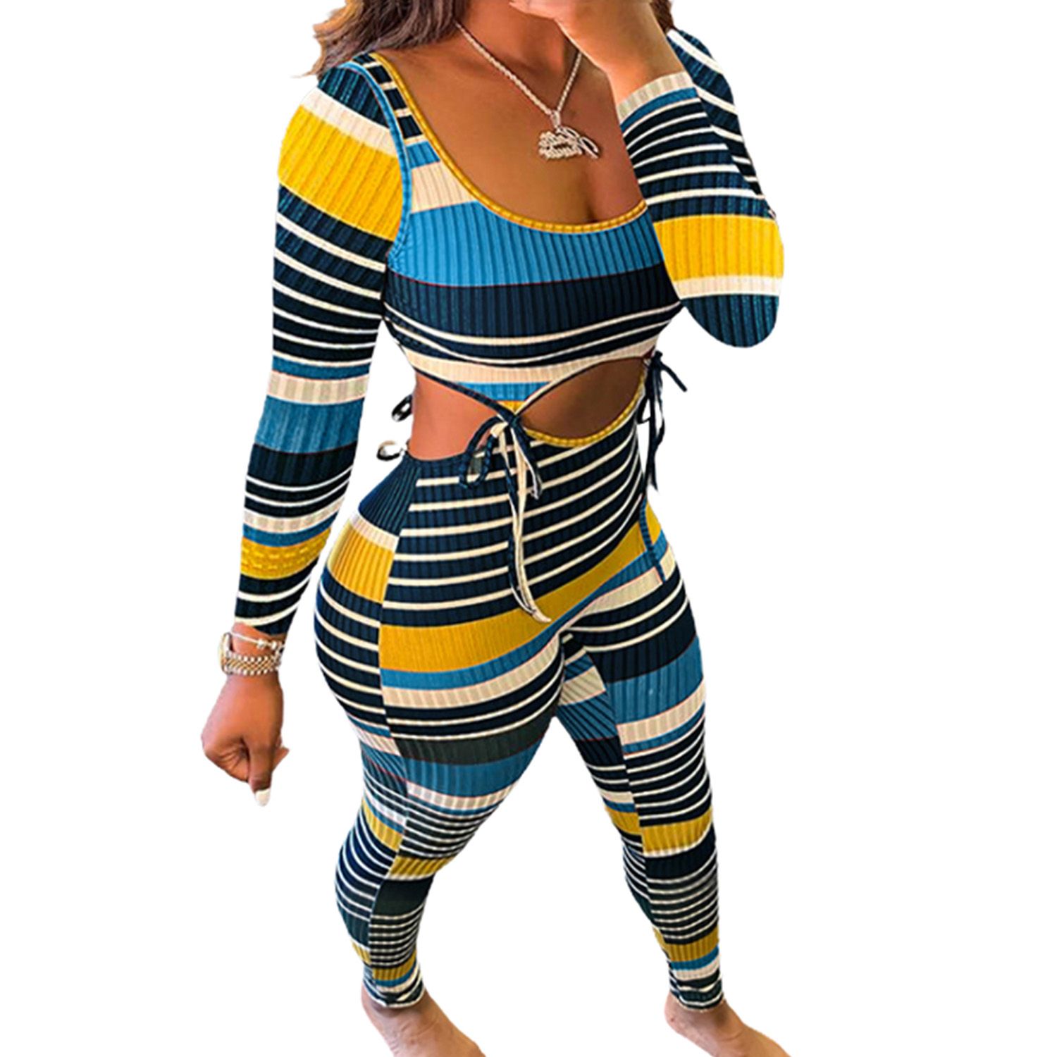 Women's Clothing Set, Slim Colorful Stripes Top and Pants Two-piece Suit for Holiday Travelling Party Vacation