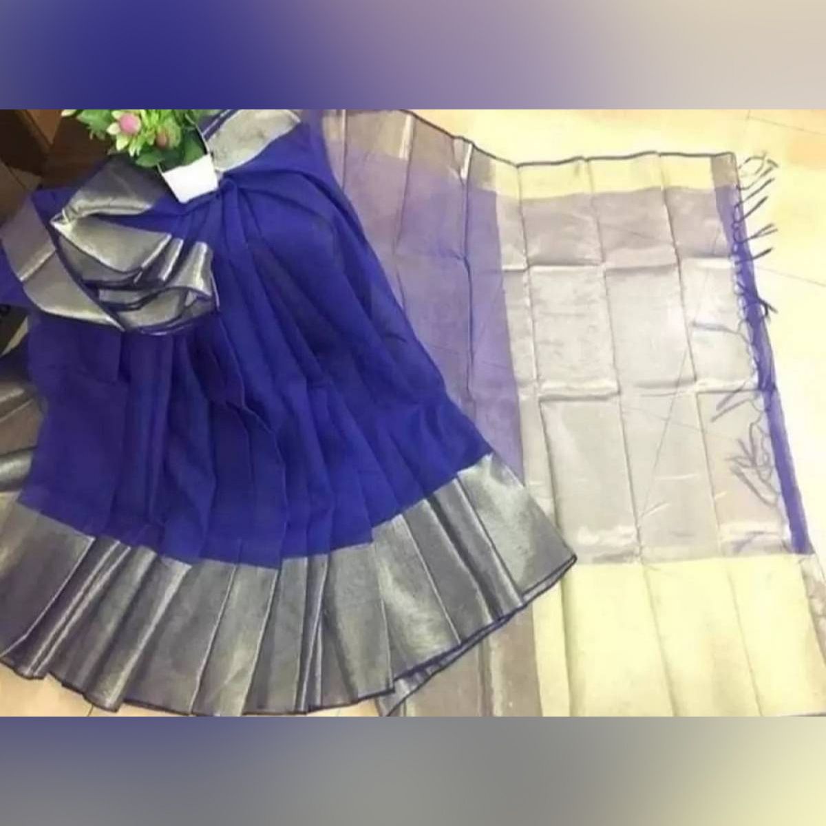 Blue Half Silk Tangail Tat Saree Without Blouse Piece For Women